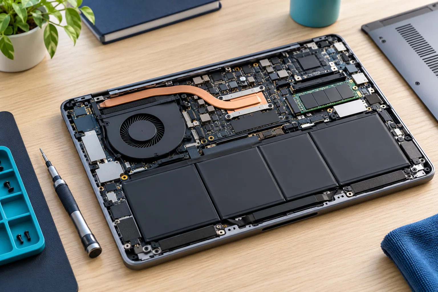 Illustratieve geopende laptop met zichtbare accu, opslag en koeling