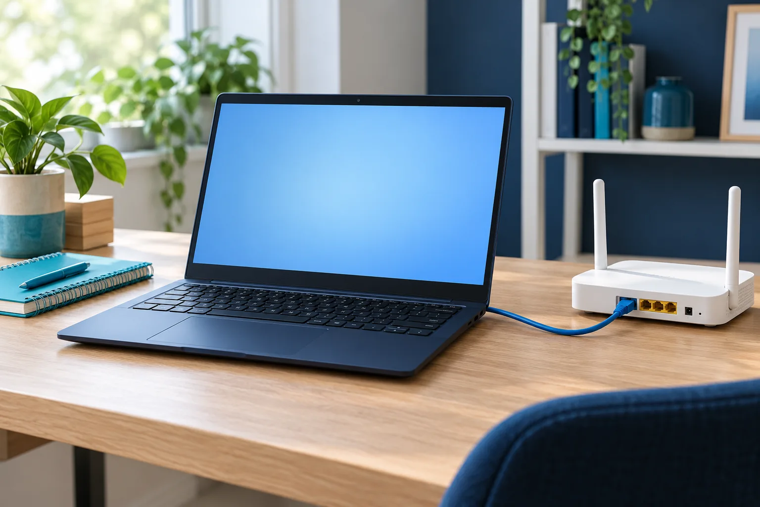 Illustratieve laptop naast een router met netwerkkabel
