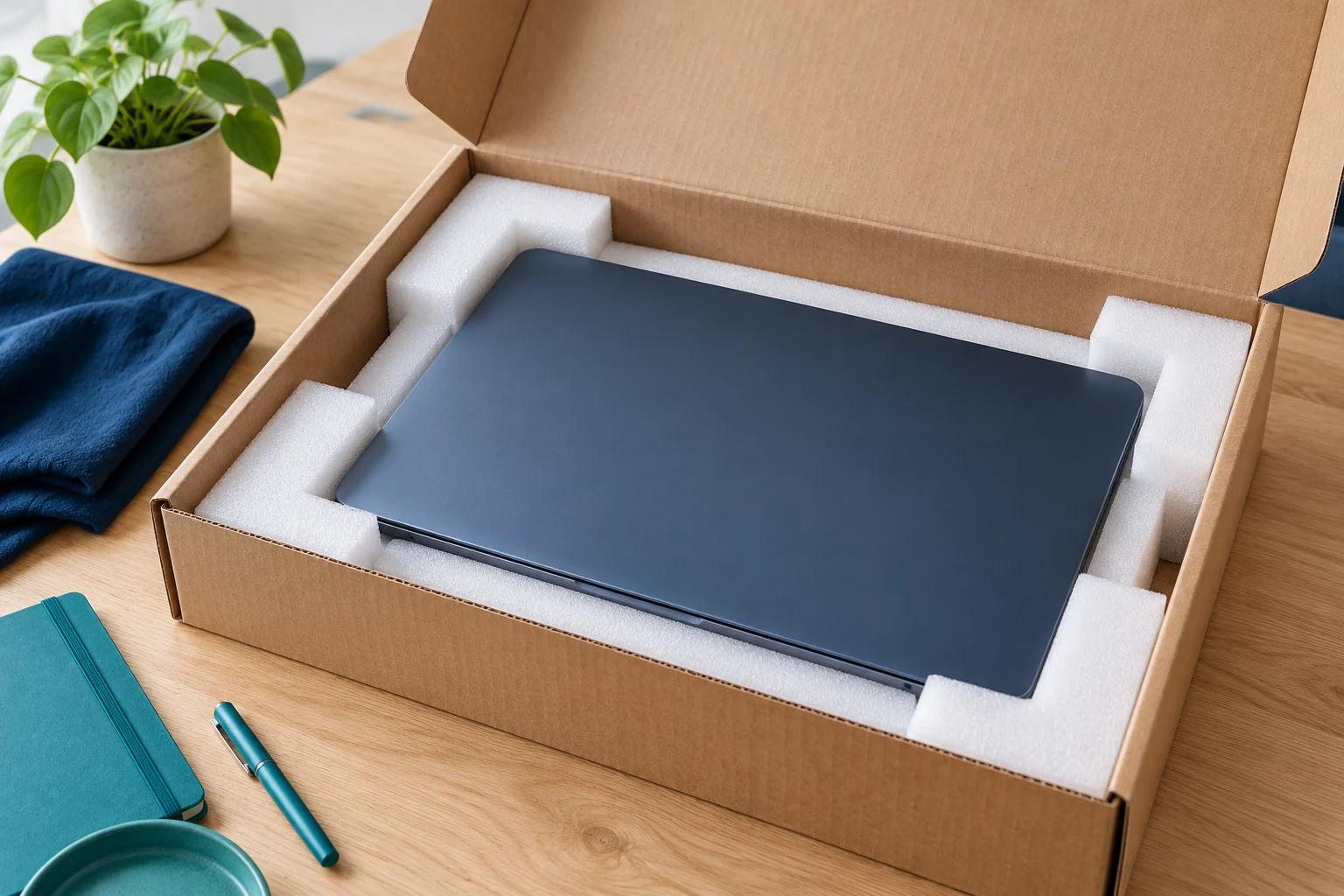 Illustratieve laptop met beschermende verpakking in een open verzenddoos