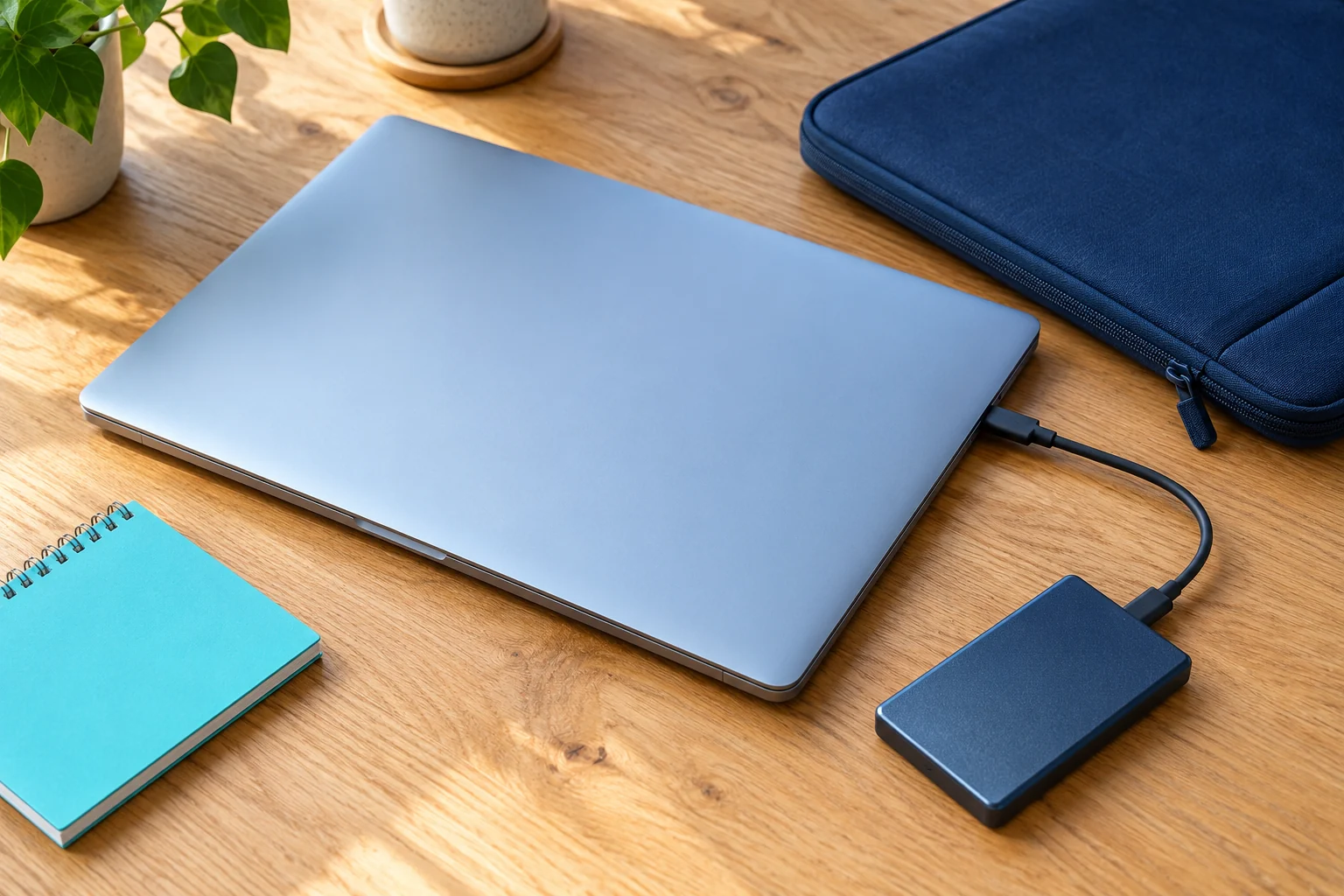 Illustratieve laptop met externe opslag voor een back-up