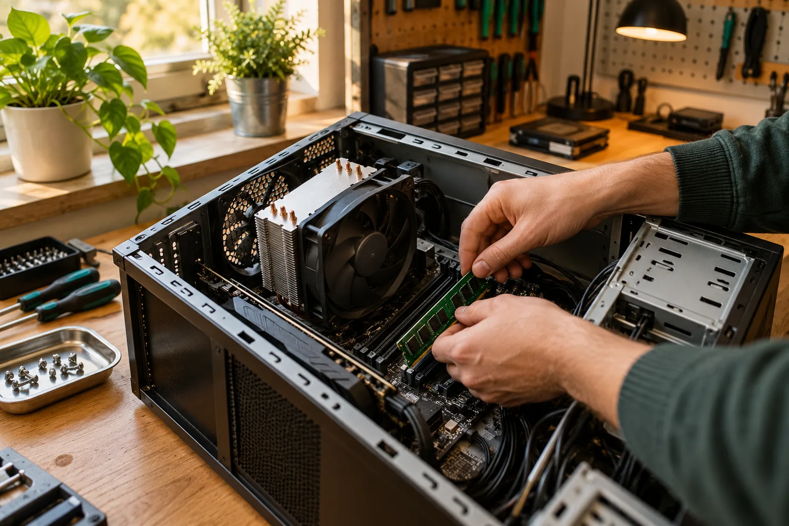 Computerreparatie: werkgeheugen plaatsen in een desktopcomputer