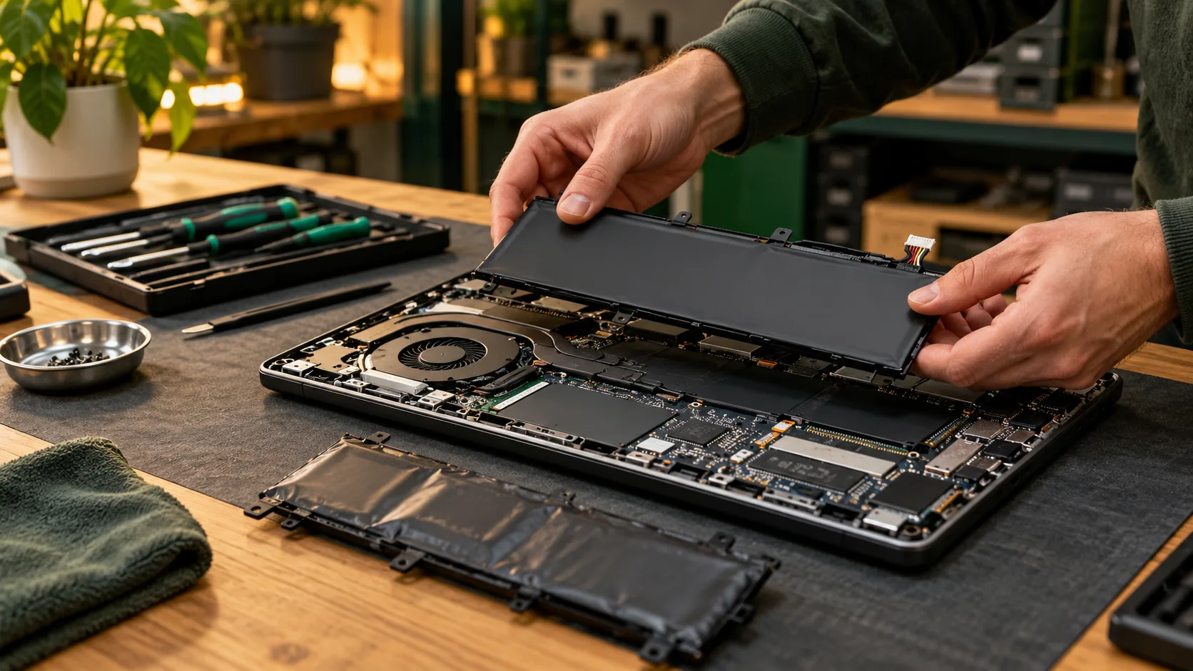 Laptopreparatie: accu vervangen in een geopende laptop